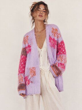 Altar’d State Casey Floral Oversized Open Cardigan Lavender Pink Size L NWT